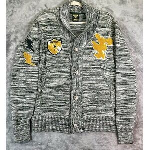 Born Fly Sweater Mens Medium Cardigan Anytown Button Up Pockets Patches Green